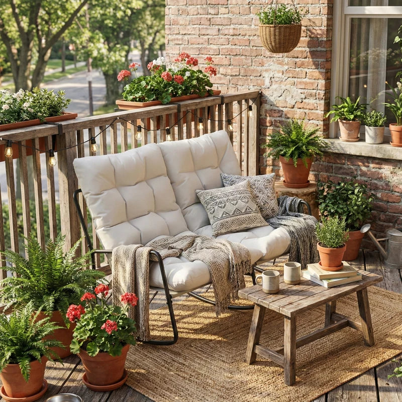 2-Person Outdoor Rocking Chair, Rocking Outdoor Bench with Cushions and Mesh Seat, 528 LBS Capacity, Light Grey