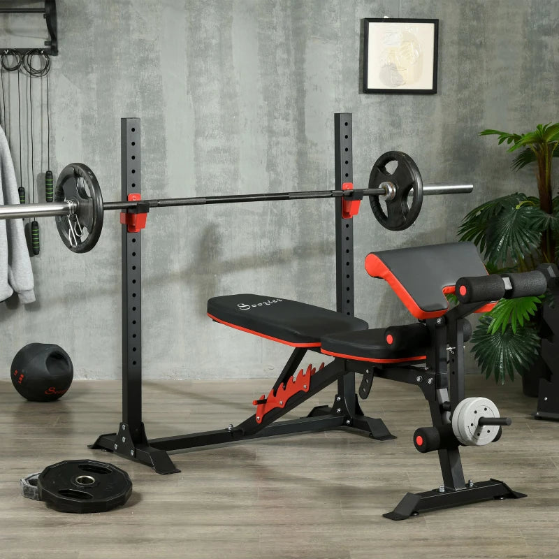 Soozier Adjustable Weight Bench with Squat Rack, Preacher Curl Pad and Leg Developer, Home Gym Bench for Full Body Workout
