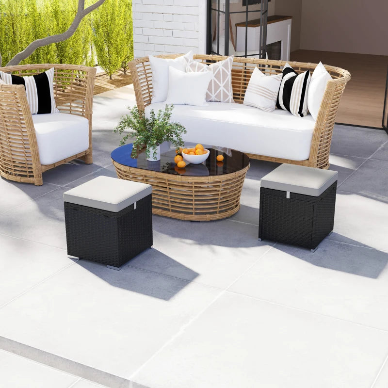 2 Pieces Wicker Outdoor Ottoman with Storage, Cushion, Square Outdoor Footstool, Seating, Side Table, Light Grey