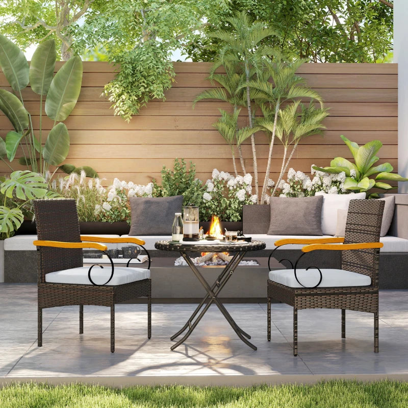 Set of 2 Rattan Outdoor Dining Chairs, Wicker Patio Chairs with Removable Cushion, Acacia Wood Armrests, Light Grey