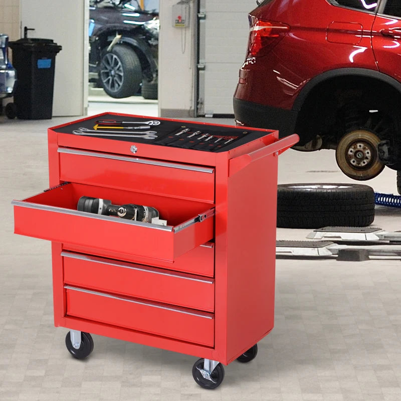 5 Drawer Roller Tool Chest, Mobile Lockable Toolbox, Storage Organizer with Handle for Workshop Mechanics Garage, Red
