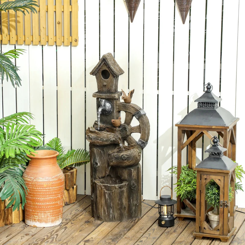 2-in-1 Outdoor Water Fountain with Birdhouse, Outdoor Waterfall, 13.6" L x 11.6" W x 36.2" H Mixed Colour