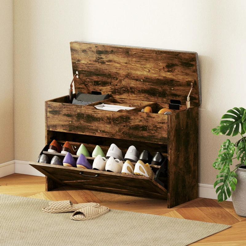 Shoe Storage Bench with Flip Drawer and Lift Top Storage, Entryway Bench with Seat Cushion for Hallway, Rustic Brown