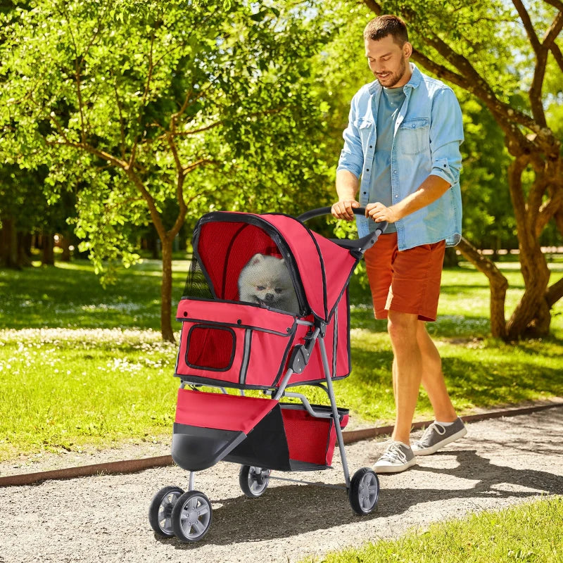 3 Wheels Foldable Dog Stroller with Storage Basket, Adjustable Canopy, Cupholder for Miniature and Small Dogs, Red