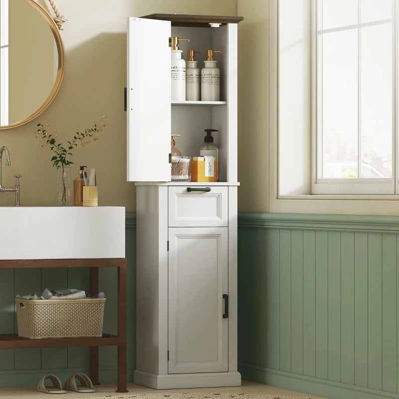 65" Tall Bathroom Storage Cabinet, Freestanding Farmhouse Slim Bathroom Cabinet with 2 Doors, Shelves and Drawer, White