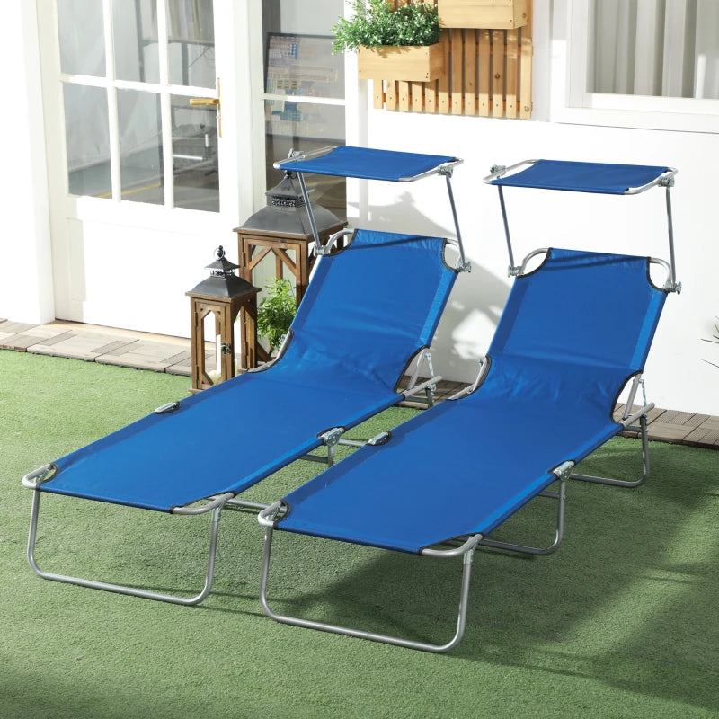 2Pcs Outdoor Lounge Chair, Adjustable Folding Chaise Lounge with Sun Shade for Beach, Camping, Hiking, Blue