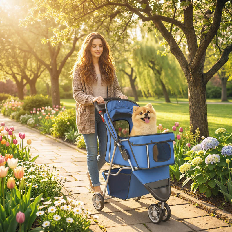 3 Wheels Foldable Dog Stroller with Storage Basket, Adjustable Canopy, Cupholder for Miniature and Small Dogs, Blue