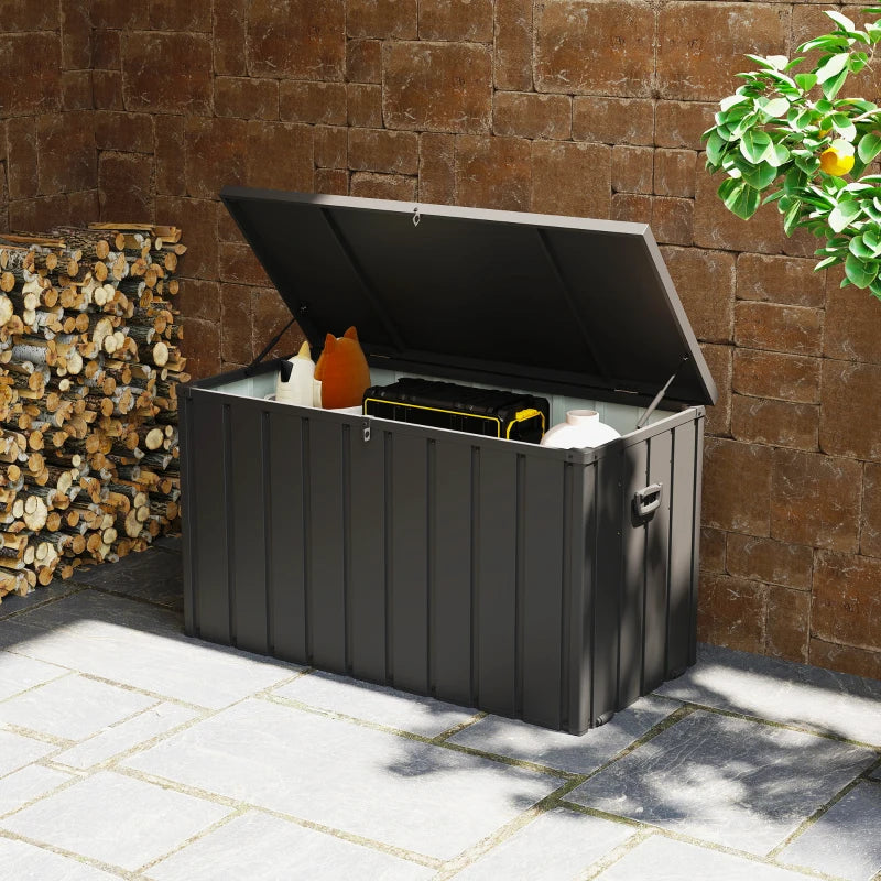 119 Gallon Deck Box, Lockable Galvanised Steel Outside Storage Container for Tools, Cushions, Dark Grey