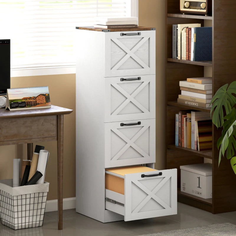 4 Drawer File Cabinet with Silent Slides, Vertical Farmhouse Filing Cabinet Fits Letter/A4 Size Home Office, White