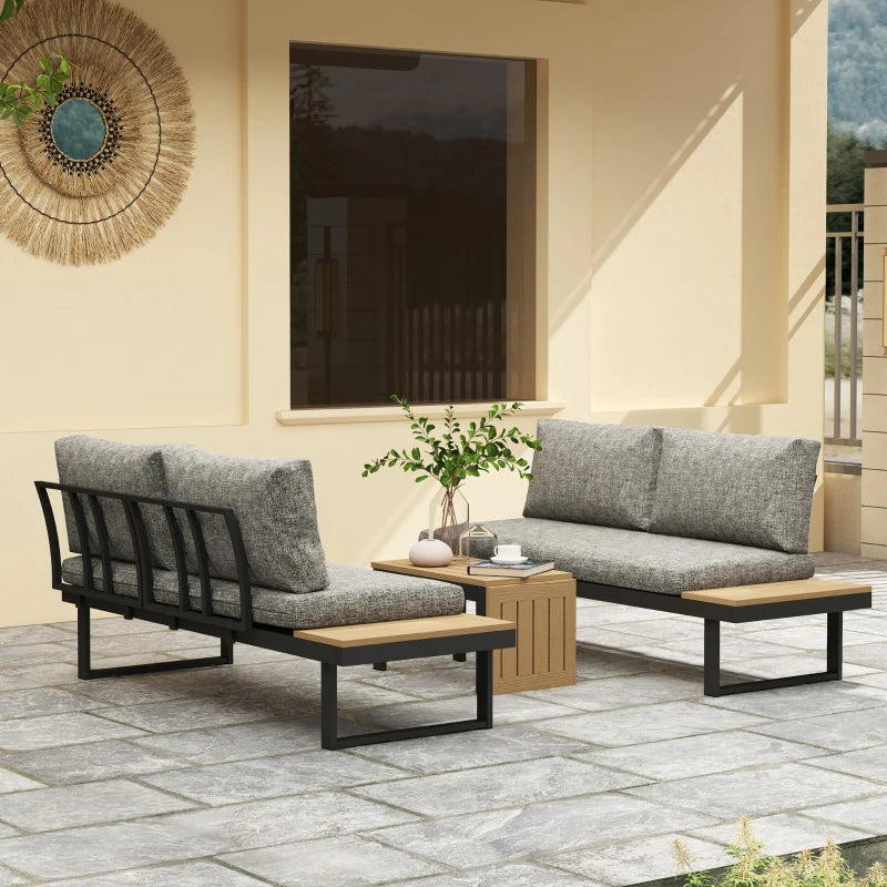 3 Pieces Aluminum Corner Patio Furniture Set Sectional Outdoor Sofa Set with 2 Loveseats Wood-Plastic Coffee Table