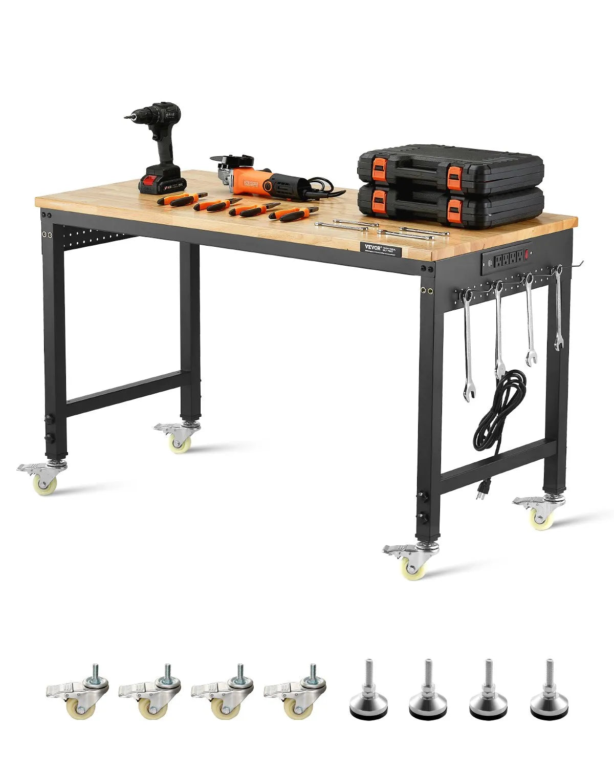 VEVOR 48" Workbench on Wheels Adjustable Height Table with Power Outlet & Pegboard
