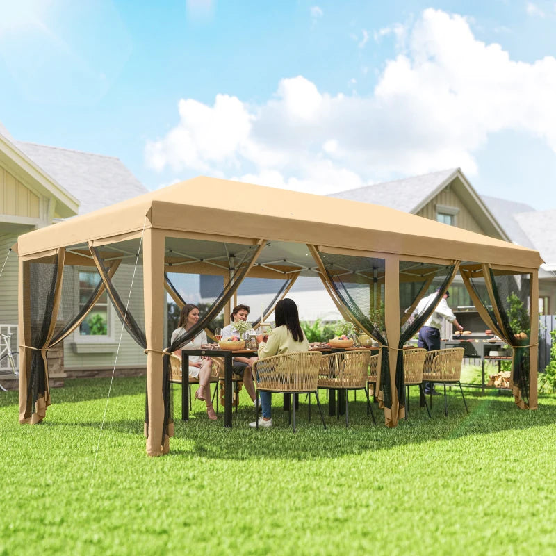 10' x 20' Pop Up Canopy Tent Gazebo with Removable Mesh Sidewall Netting, Carry Bag for Backyard Patio Outdoor, Beige