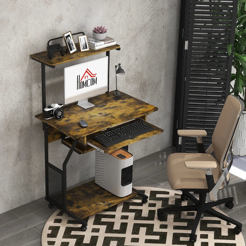 32" Mobile Computer Table, Rolling Study Desk for Home Office with Keyboard Tray, Storage Shelves, Wheels, Rustic Brown