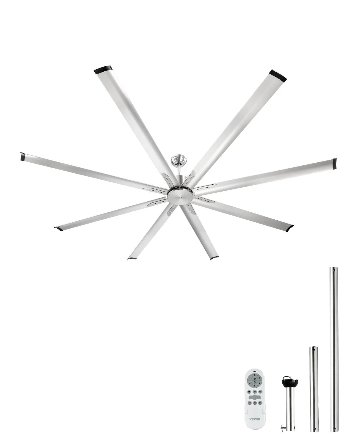 VEVOR 96" Aluminum Reversible Ceiling Fan No Light Remote Control Brushed Nickel