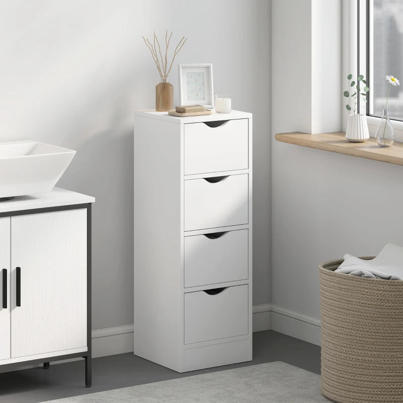 4-Drawer Bathroom Cabinet, Freestanding Narrow Storage Cabinet with Groove Handles for Small Spaces, White