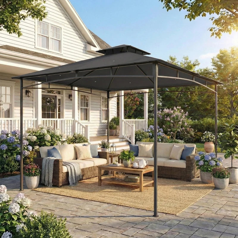 10' x 10' Gazebo, Soft Top Outdoor Gazebo with 2-Tier Roof, Metal Frame, Dark Grey