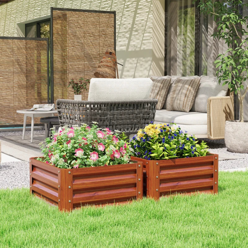 2' x 2' x 1' 2-Pieces Raised Garden Bed w/ Galvanised Steel Frame for Vegetables Flowers Herbs, Dark Brown Wood Effect