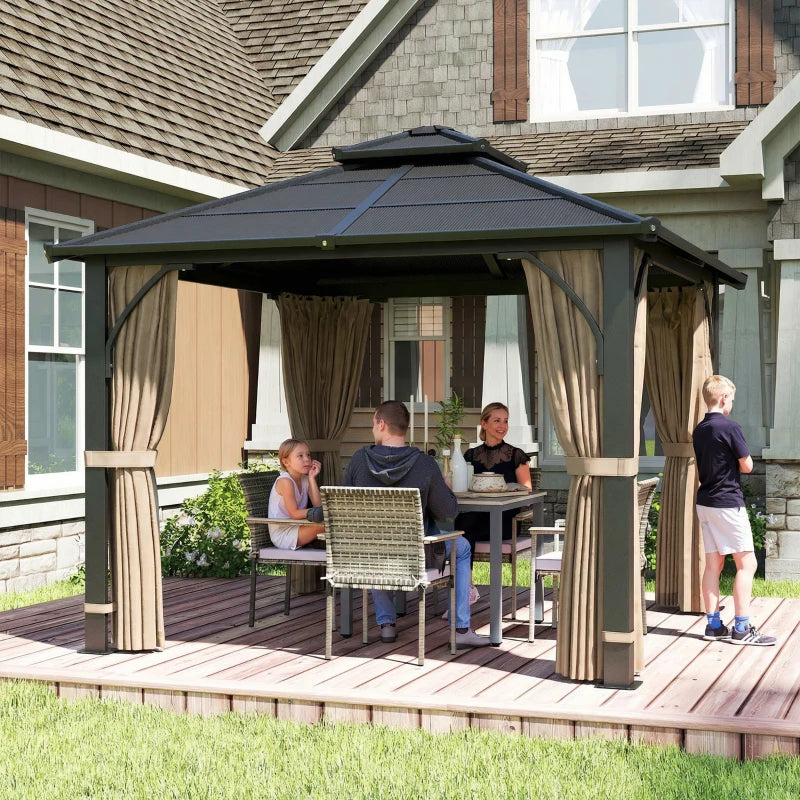 10' x 10' Hardtop Gazebo with 7mm Double Polycarbonate Roof, Outdoor Gazebo with Netting and Curtains, Khaki