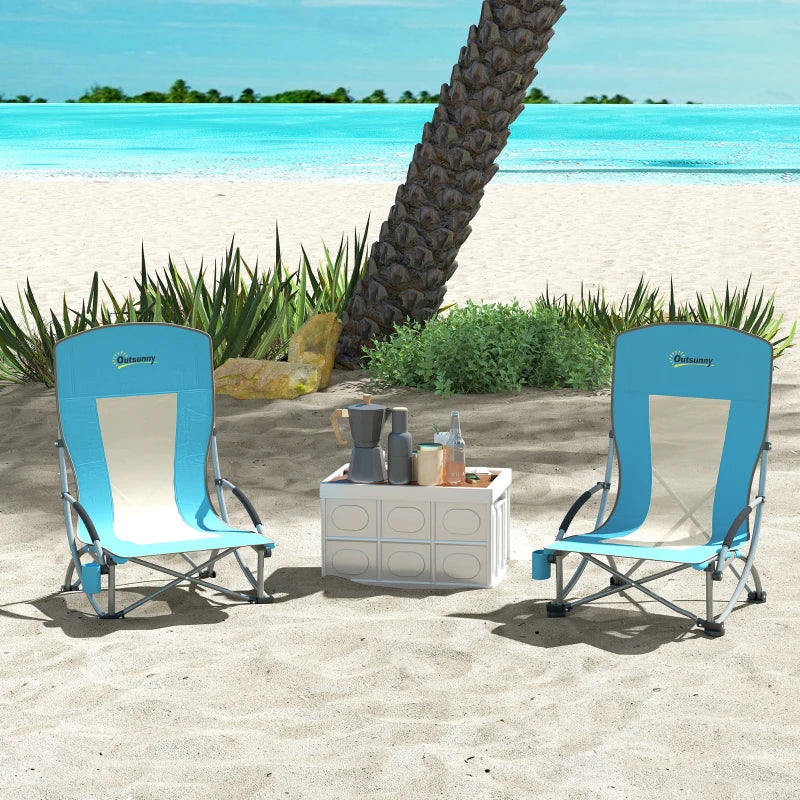 Set of 2 Folding Beach Chairs with Mesh Back, Carry Bag and Cup Holder for Outdoor Camping Lawn, 27.6" x 22.8" x 31.1"