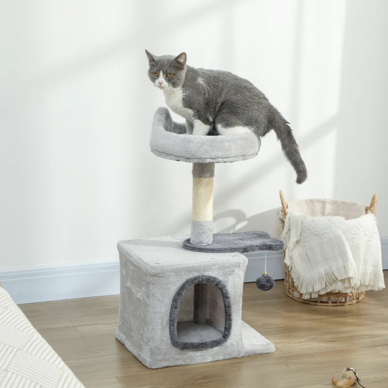 28" Cat Tree Tower with Plush Top Bed, Cozy Condo, Sisal Scratching Post, Perch, Dangling Ball, Light Grey