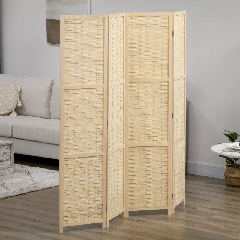 4-Panel Room Divider, 5.6 FT Bamboo Freestanding Folding Privacy Screen for Indoor Bedroom Office, Natural Wood