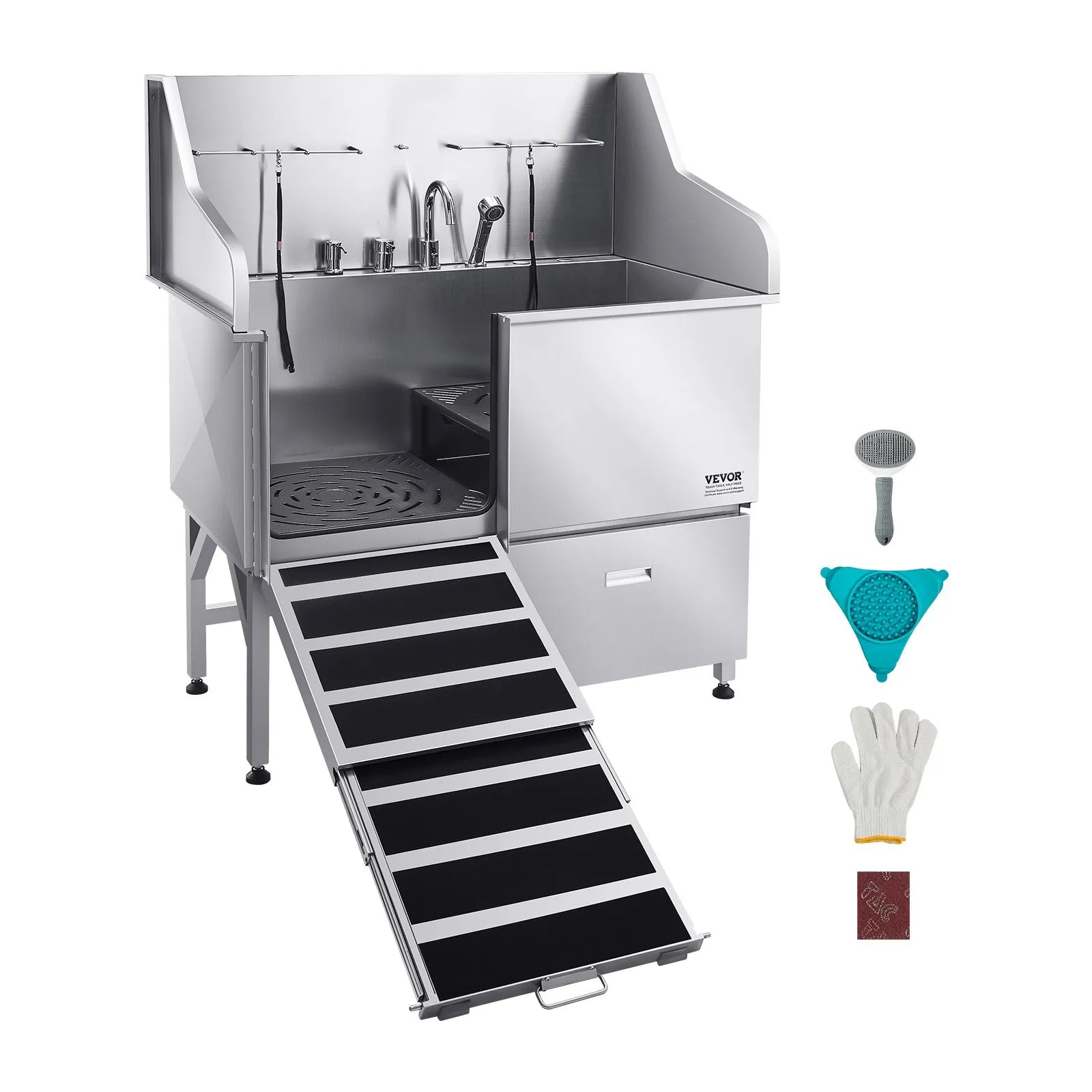 VEVOR 50 Inch Dog Grooming Bath Tub Stainless Steel w Ramp Faucet Left Door