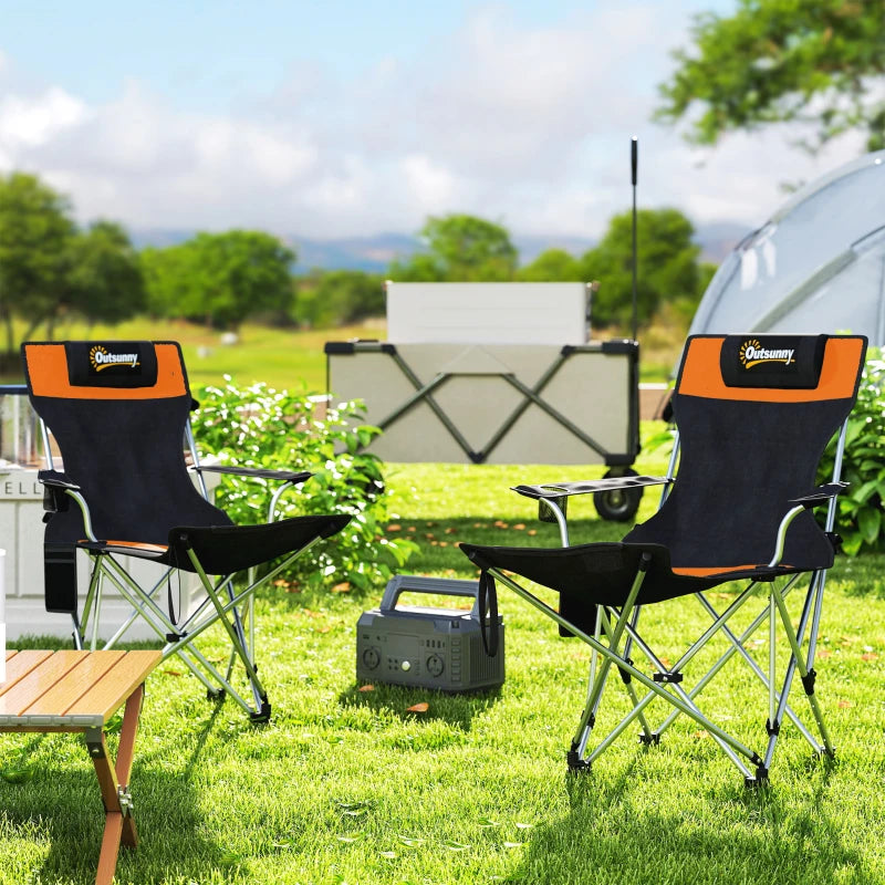 Set of 2 Reclining Camping Chair with Foot Rest, Folding Camping Chair w/ Headrest, Cup Holder, Storage Bag, Orange