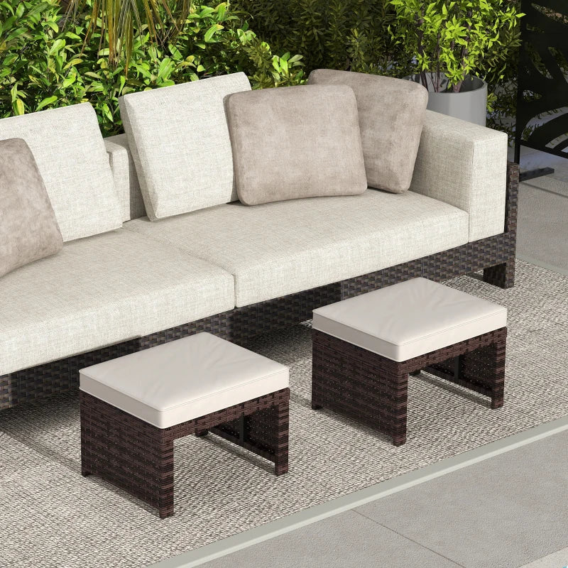 2 Pieces Wicker Outdoor Ottomans with Removable Cushions, Rattan Outdoor Seating, Footrest and Side Table, Khaki