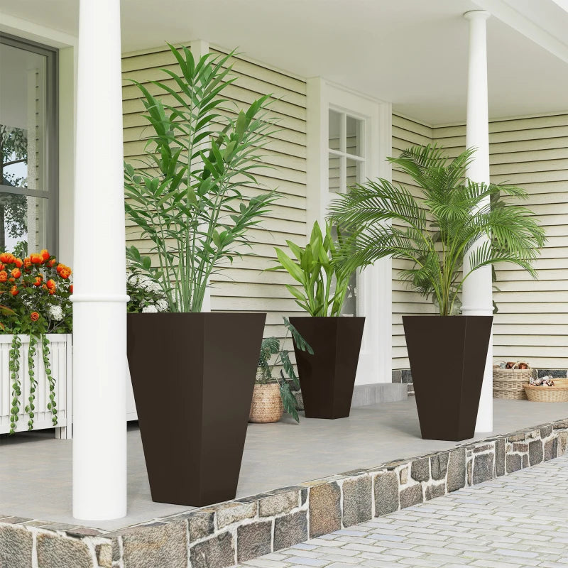 28" Tall Garden Plastic Planters, Outdoor and Indoor Flower Pots, Set of 3 for Entryway, Patio, Yard, Brown