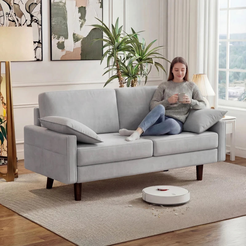 3 Seater Sofa, Velvet Upholstered Couch with Spring Cushions, Rubber Wood Legs and 2 Pillows, Grey