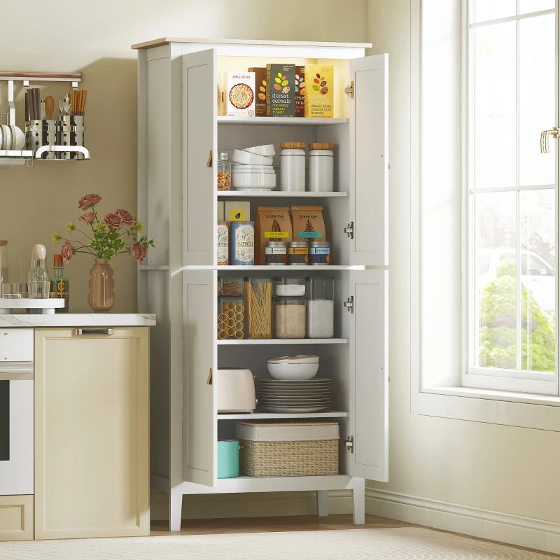 69.5" Tall Kitchen Pantry Storage Cabinet with Motion Sensor LED Light, Modern Kitchen Pantry Cabinet, White
