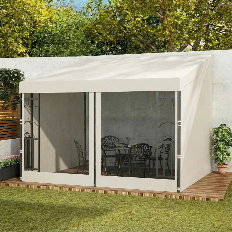 10' x 10' Wall Pergola, Outdoor Gazebo with 2 Curtains and 2 Nettings, UV Resistant, for Patio, Deck, Beige