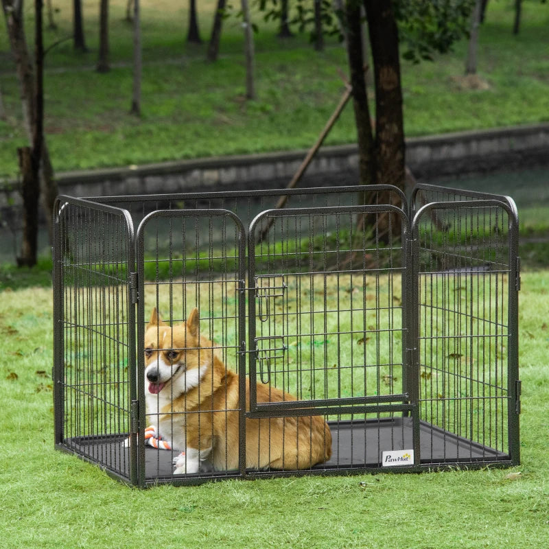 4 Panels Dog Playpen, Heavy Duty Dog Fence, 28" H Portable Pet Playpen with Door Double Locking Latches, Tray, Grey