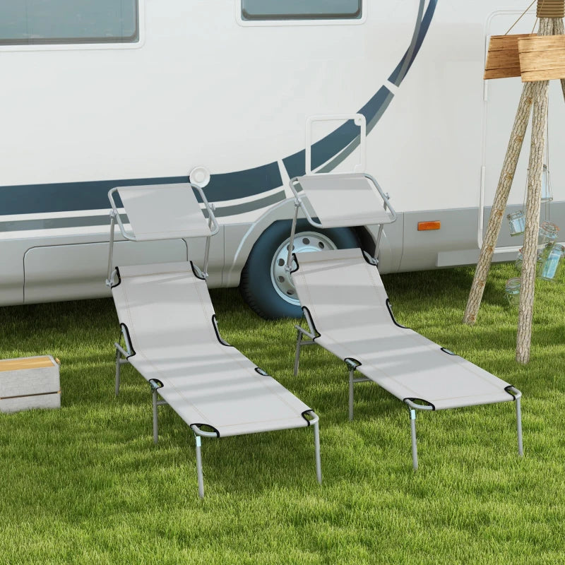 2Pcs Outdoor Lounge Chair, Adjustable Folding Chaise Lounge with Sun Shade for Beach, Camping, Hiking, Light Grey