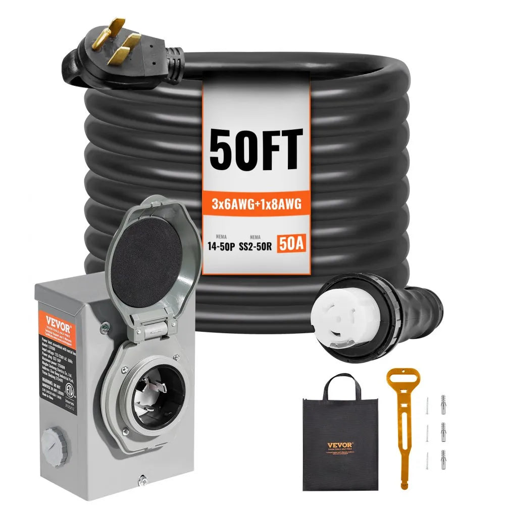 VEVOR 50 Amp Generator Cord and Power Inlet Box Kit, 50FT, NEMA 14-50P/SS2-50R STW 6/3+8/1 AWG Generator Power Cord with Twist Lock Connector, Pre-Drilled Inlet Box for Generator to House, ETL Listed