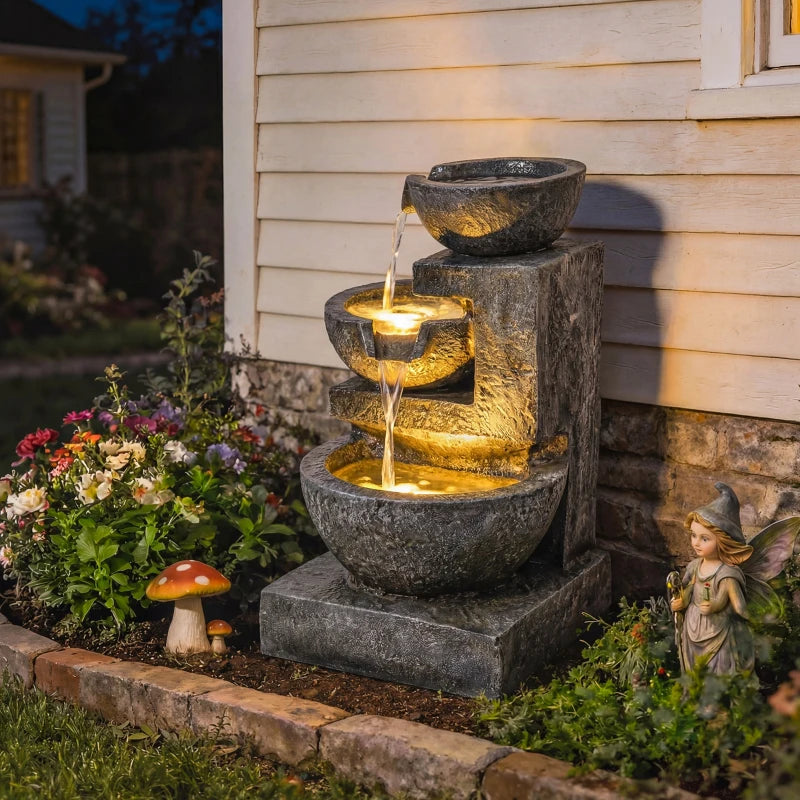 3-Tier Outdoor Water Fountain, Garden Waterfall Fountain with LED Lights and Pump, Indoor Freestanding Resin Waterfall