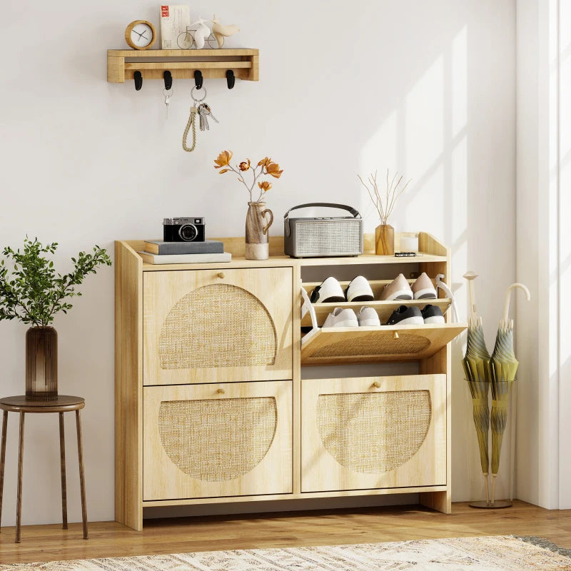 4 Flip-Drawer Shoe Cabinet, Shoe Storage Cabinet with Rattan Doors and Adjustable Shelves, Holds 16 Pairs, Natural