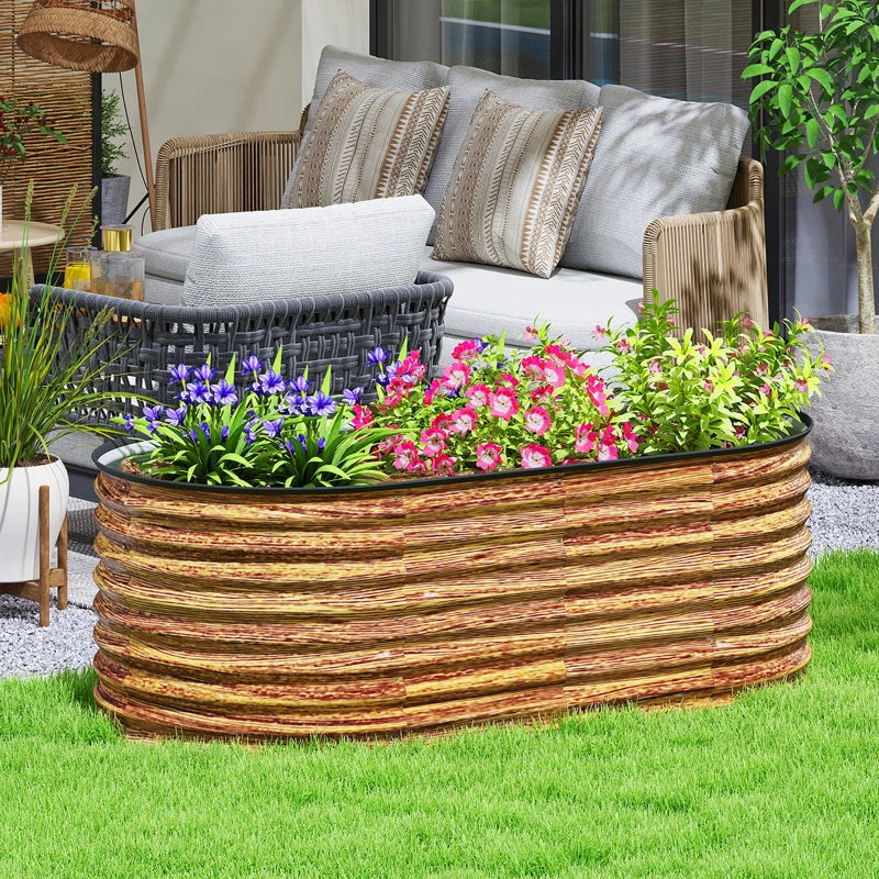 5 x 2.5 x 2 ft Galvanized Raised Garden Bed, Easy DIY Oval Planter Box with Safety Edging and Gloves, Brown Wood Effect