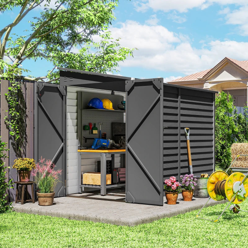 4.6' x 9' Steel Outdoor Storage Shed, Lean to Shed, Metal Tool House with Foundation Kit, Lockable Doors, Gloves and 2 Air Vents for Backyard, Patio, Lawn, Dark Grey