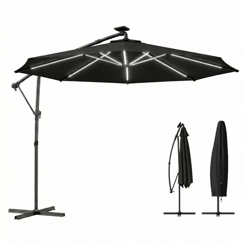 10 ft Offset Patio Umbrella with Solar Light, Garden Hanging Parasol with 360° Rotation, Tilt, Cover, Black