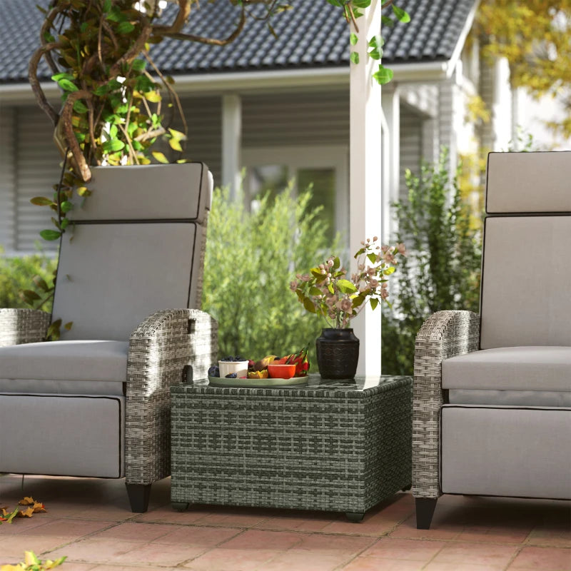 24.4" Patio Wicker Coffee Table, PE Rattan Outdoor Side Table with Tempered Glass Top, Light Grey