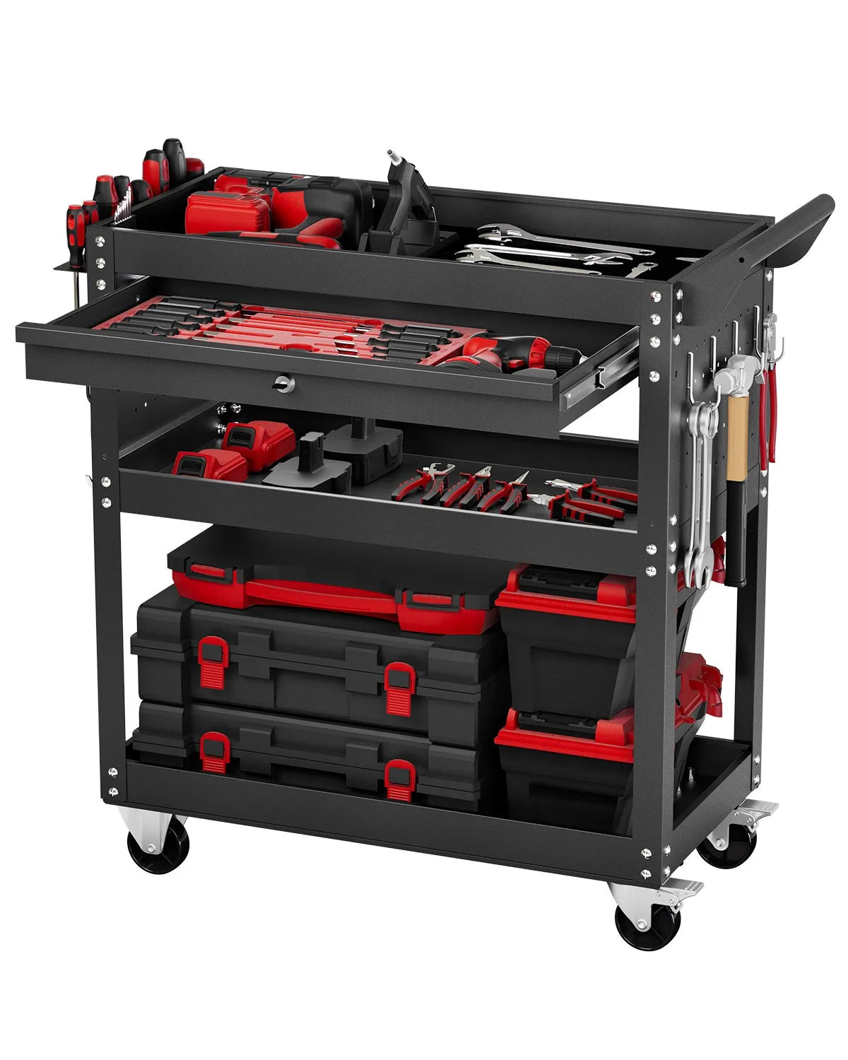 VEVOR 4-Tier Tool Cart on Wheels 350 lb Rolling Work Cart with Drawer & Pegboard