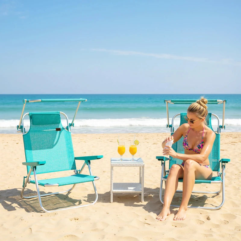 2 Piece Folding Beach Chairs with Adjustable Canopy, 6-Position Reclining Lounge Chair with Headrest, Turquoise