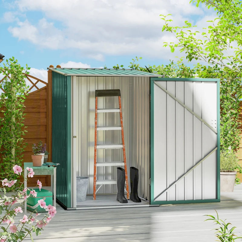 3.3' x 3.4' Lean-to Garden Storage Shed, Outdoor Galvanized Steel Tool House with Lockable Door for Patio Green