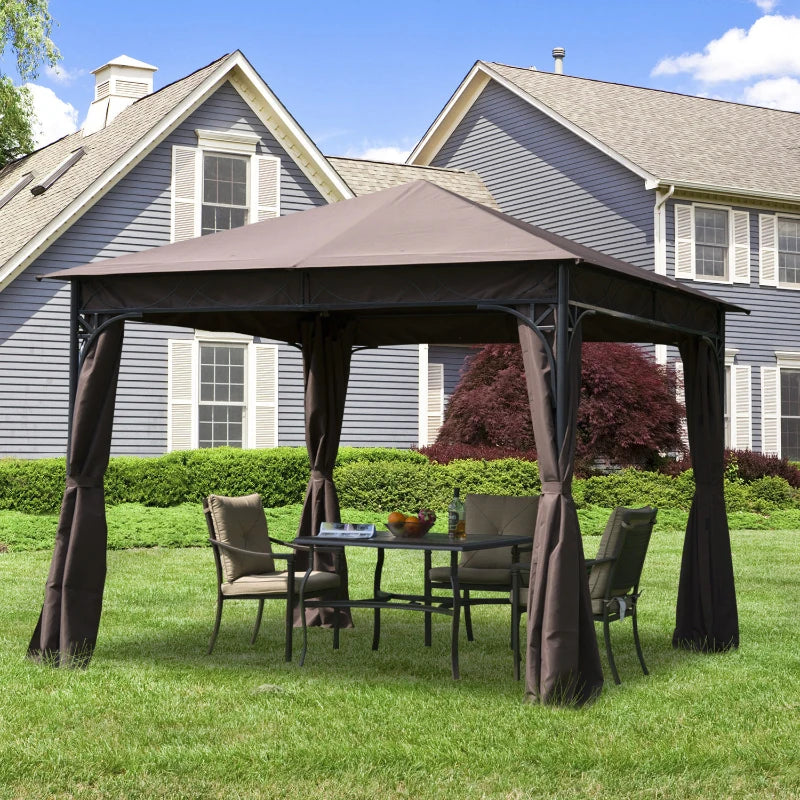 10x10ft Steel Garden Gazebo Patio Canopy Outdoor Event Party Tent Backyard Sun Shelter with Curtain Coffee