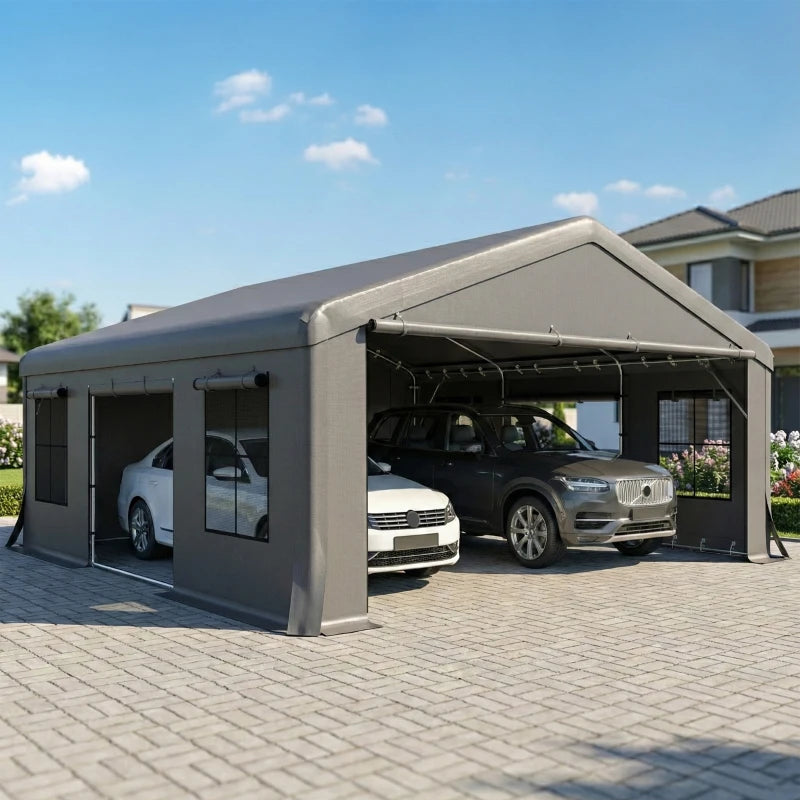 20' x 20' Heavy Duty Carport, Portable Garage Car Canopy Tent Shelter with 3 Roll-up Doors, 4 Windows, Dark Grey