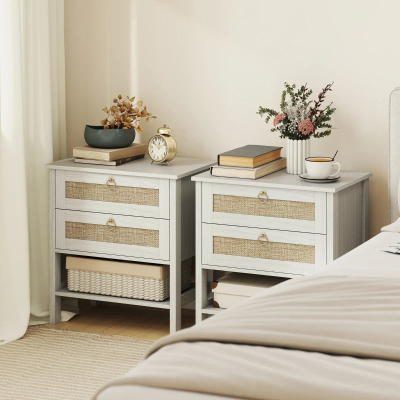 Set of 2 Boho Bedside Tables, Rattan Nightstands with 2 Drawers, Storage Shelf, End Side Tables for Bedroom, White Oak