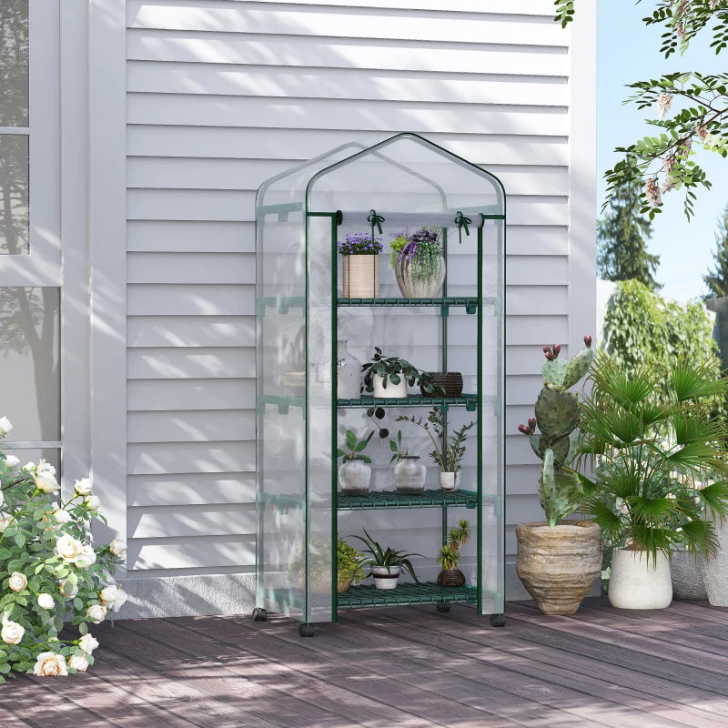 27" x 20" x 65" Portable Greenhouse with 4 Tier Shelves and Wheels, Outdoor Hot House Plant Flower Greenhouse, Steel Frame, Plastic Cover, Clear