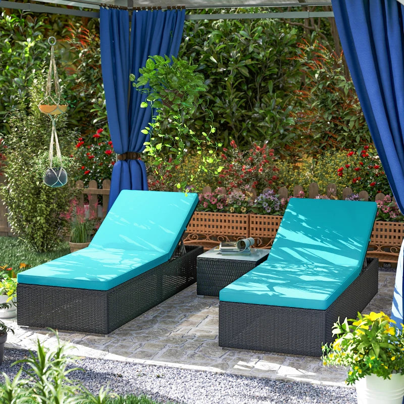 3pc Rattan Lounge Chair Set with Side Table Outdoor Patio Synthetic Rattan Wicker Sun Bed Set with Cushion