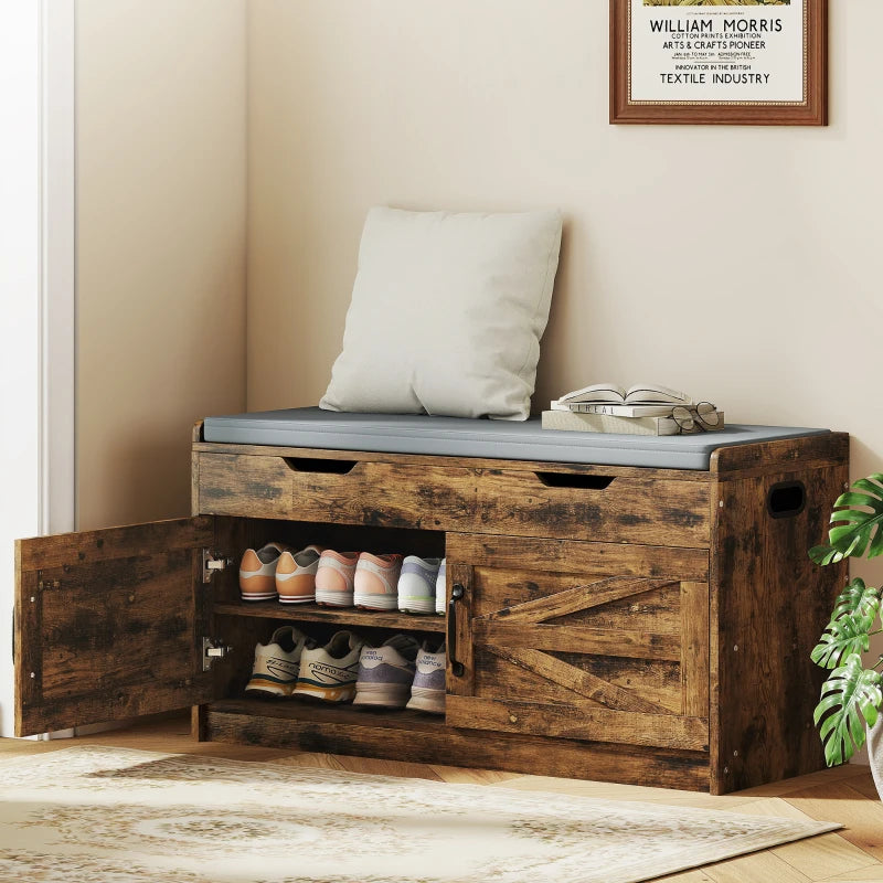 Shoe Storage Bench, Entryway Bench with 2-Tier Cabinet, Flip-Top Storage, Padded Cushion for Hallway, Rustic Brown